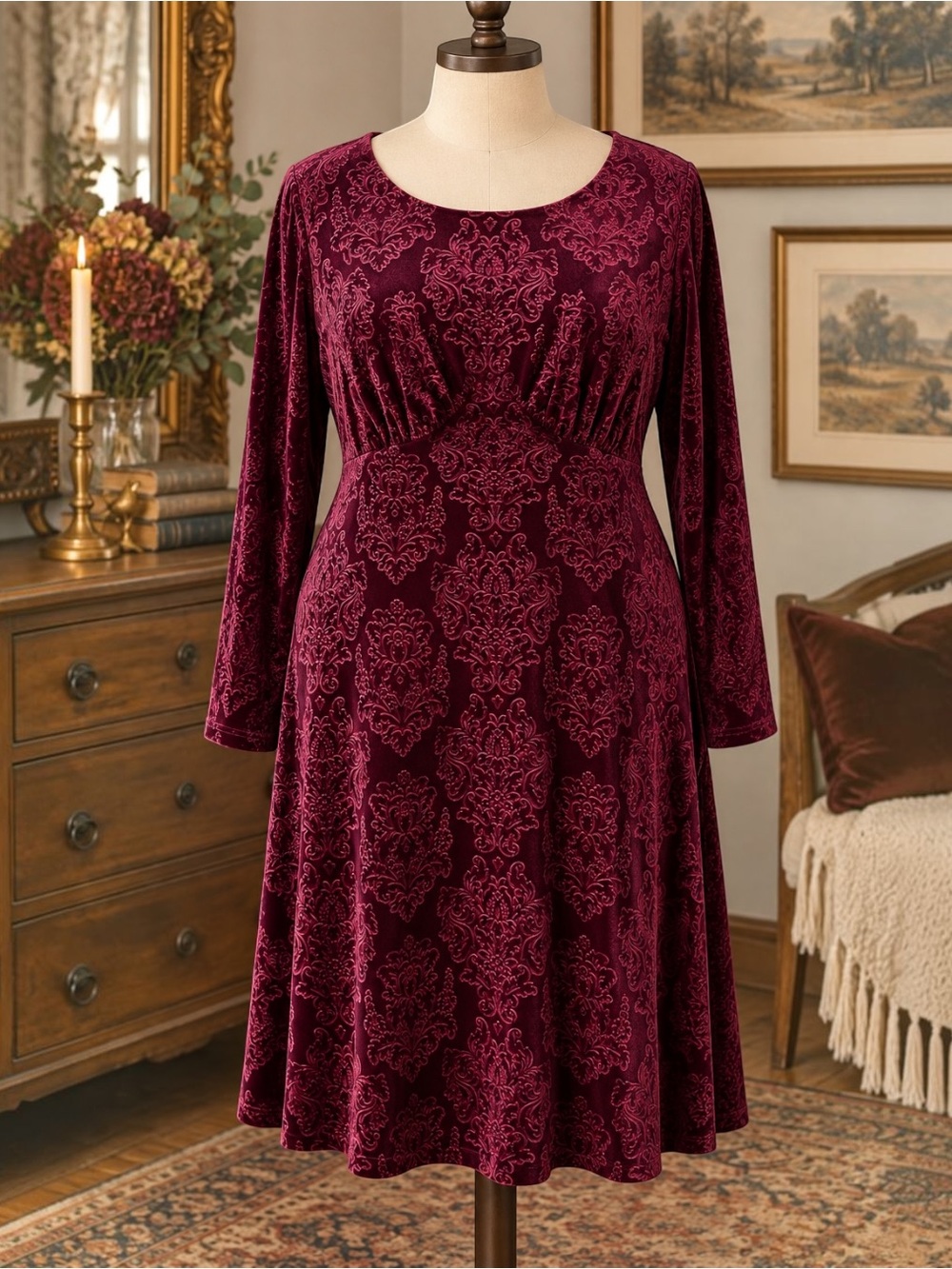 Coldwater Creek Burgundy Flocked Velvet Damask Dress XL Wine Empire Waist